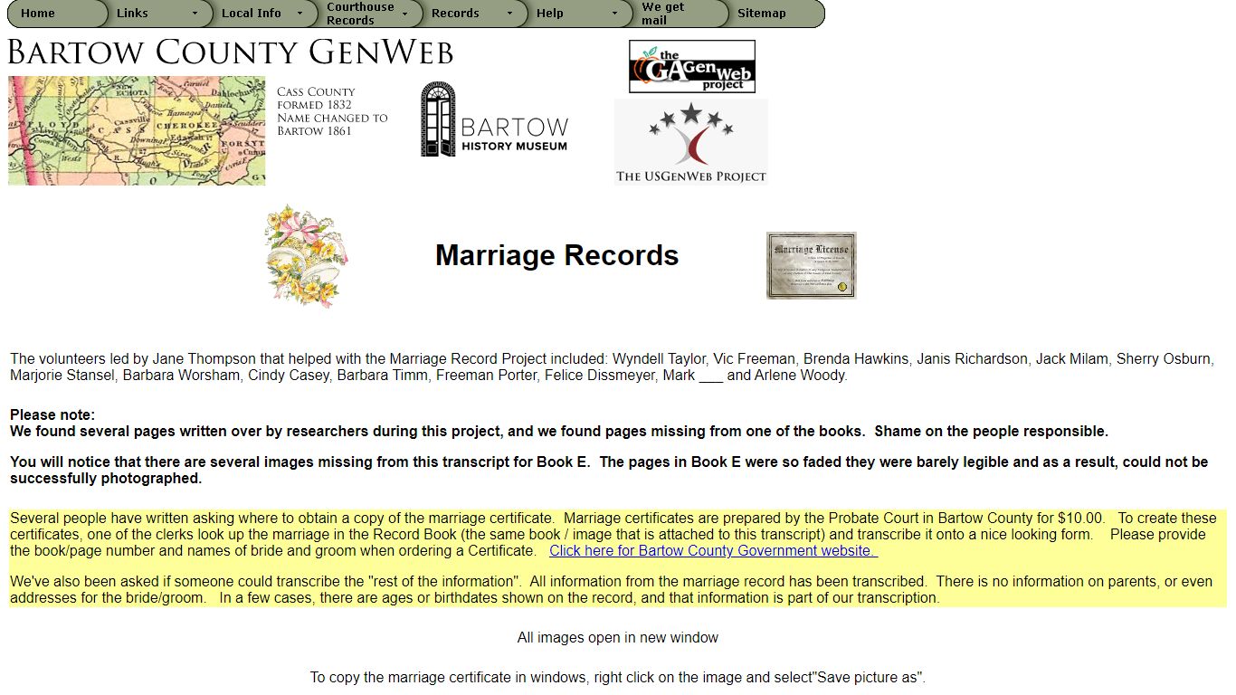 Bartow/Cass Marriage Index